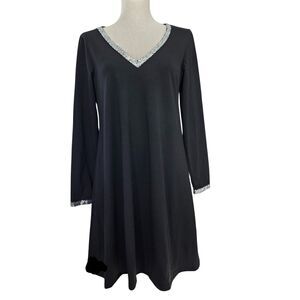 Noracora Black Knee Length Dress V Neck Sequin Trim Cocktail Party Size M Chic